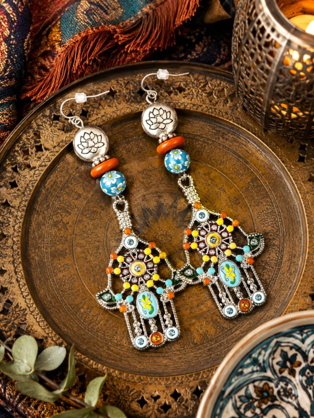 Artisan Boho Hamsa Hand Earrings, Lotus Floral Beads, Colorful Statement Dangle - Picture 1 of 4